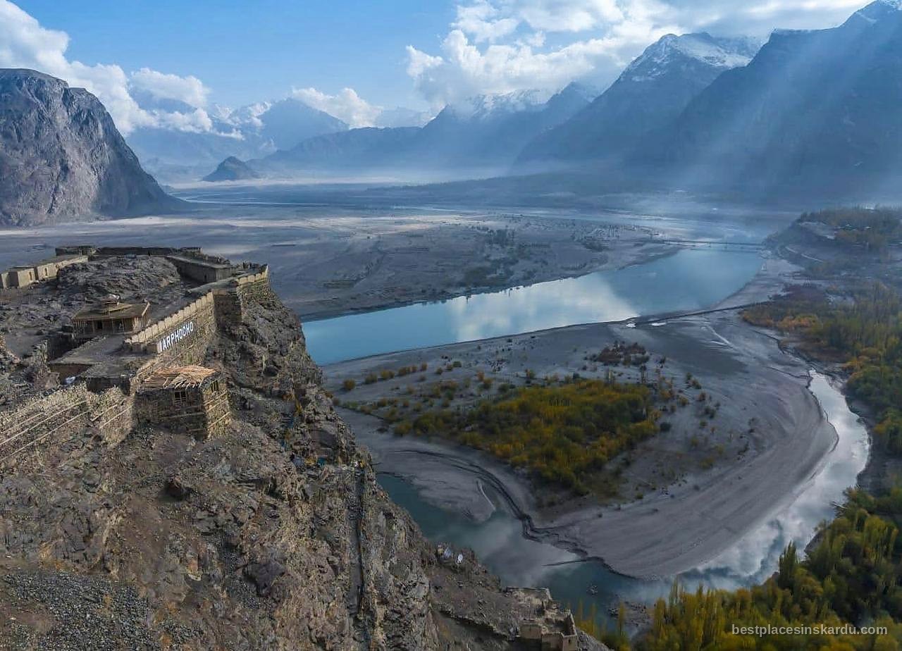 Aerial view of Kharpocho Fort above the Indus River and Skardu valley, Gilgit-Baltistan