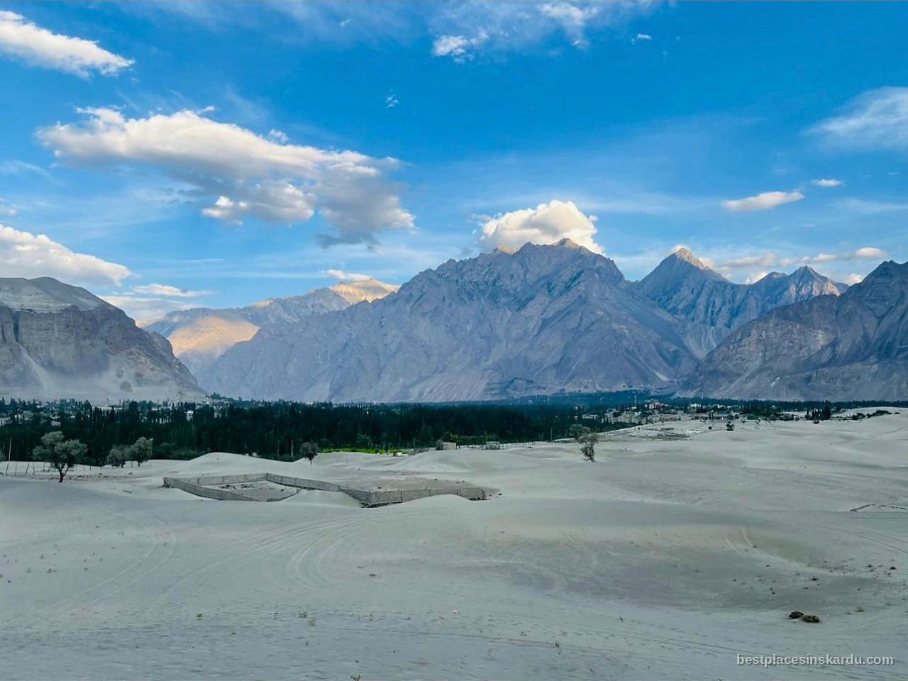 Sarfaranga cold desert dunes meeting the green tree line of Skardu valley beneath the Karakoram