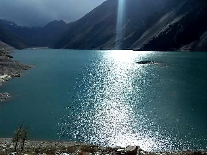 Sunlight on the turquoise water of Satpara Lake near Skardu