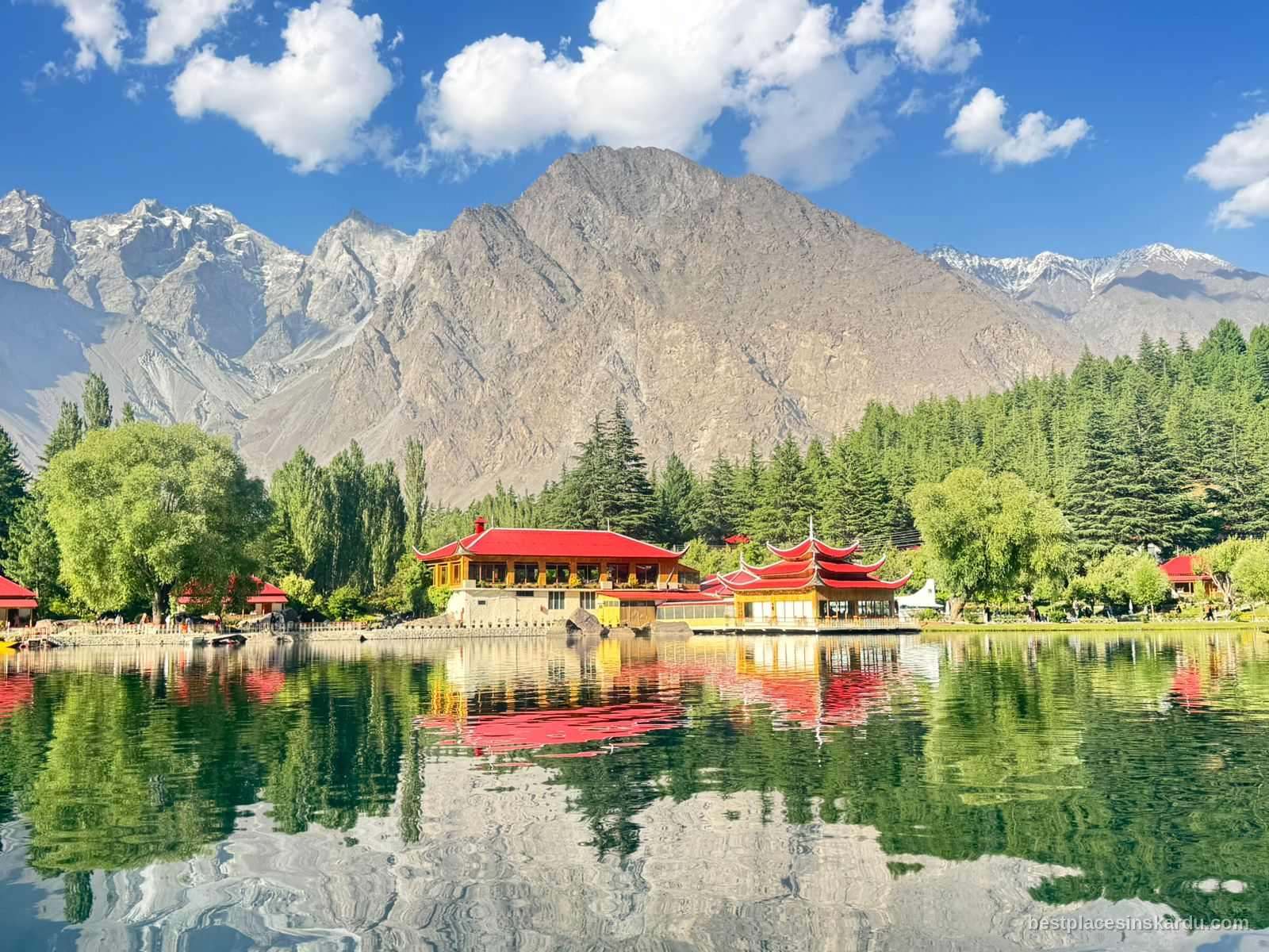 Shangrila Resort cottages beside the heart-shaped Lower Kachura Lake in Skardu