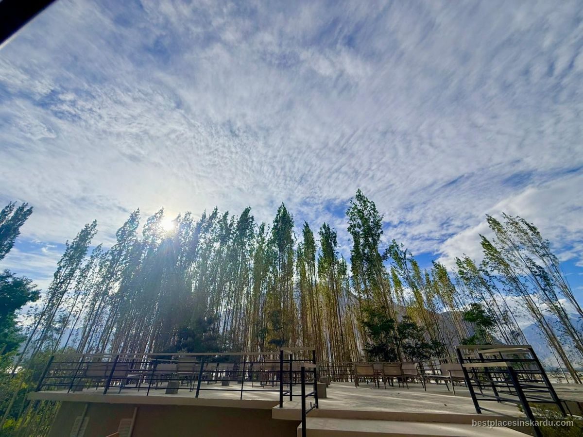 Poplar trees above a terrace at a valley property near Shigar, Skardu